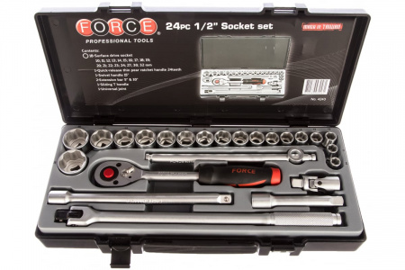 FORCE Набор головок 1/2" 10-32 мм Surface, воротоки, удлинители, трещотка 24-зуб, 24 пр. в кейсе